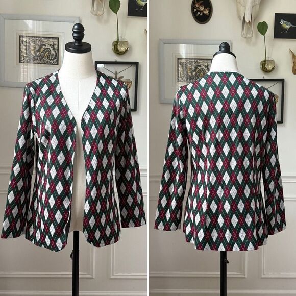 Vintage 70s Polyester Knit Argyle Cardigan Blazer Green Burgundy M - Picture 1 of 8